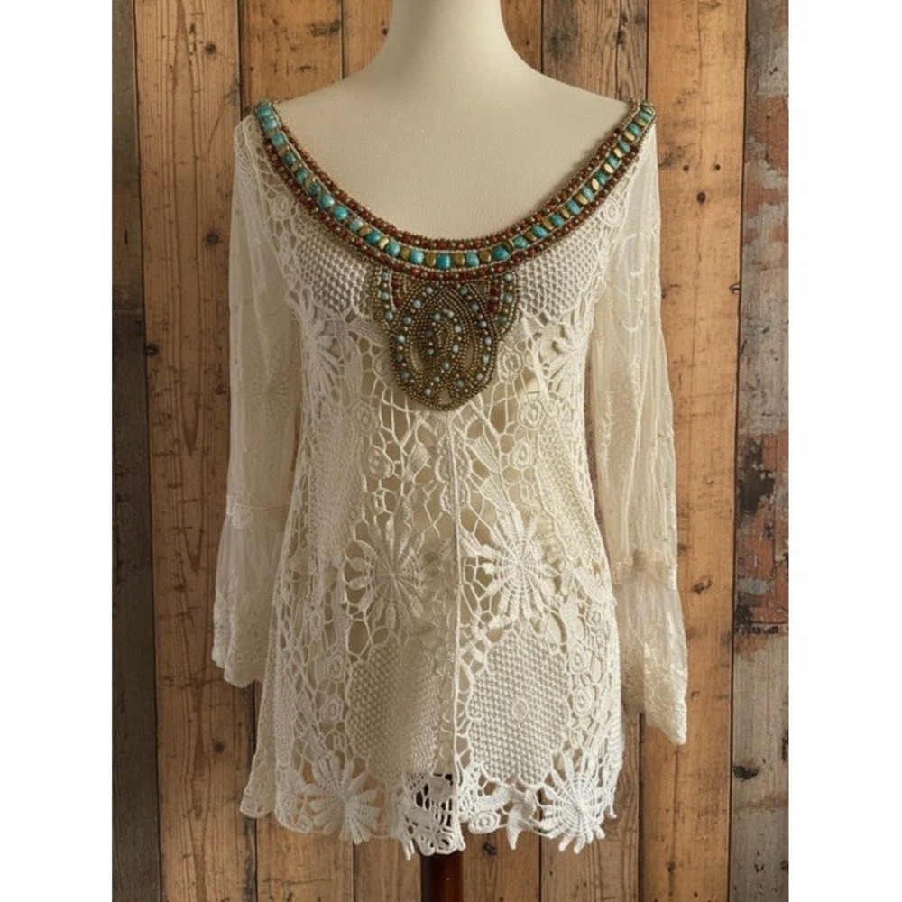 Origami by Vivien Boho Crochet Lace Tunic Top Beaded Embellished Ivory S/M